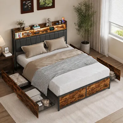 Immagine prodotto di Letto imbottito INONEFT, 180x200 cm, con illuminazione LED, prese USB di tipo C e USB, letto matrimoniale in metallo con testiera, contenitore con 4 cassetti, rivestito in PU, colore nero, Immagine generata dall'IA