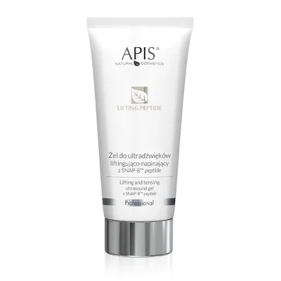 A product shot of a white tube of APIS Lifting Peptide ultrasound gel with a silver cap, presented on a white background.