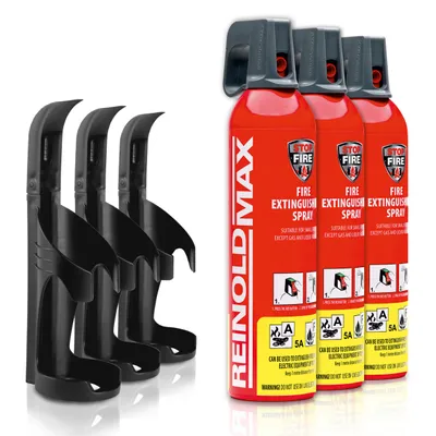 Produktbild von XENOTEC Premium Feuerlöschspray – 3 x 750ml – 3 Wandhalter - Stopfire – Autofeuerlöscher – REINOLDMAX – inklusive Wandhalterung schwarz – wiederverwendbar