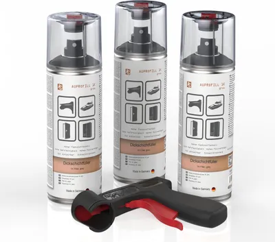 Produktbild von 3x AUPROTEC Dickschichtfüller Spray Grau + Pistolengriff AUPROFILL 1K Filler Grundierung Primer 400ml