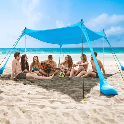 Imagen del producto de Gran toldo de playa de 3x3 metros con protección solar UPF50+, 4 postes de aluminio y sombra portátil