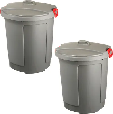 Produktbild von 2 Kunststofftonnen/Rundtonnen mit Deckel, 75 Liter, frostsicher bis -20°C, grau