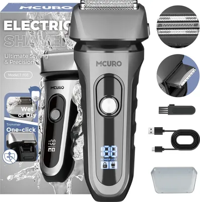 Produktbild von MCURO Rasierer Herren Elektrisch, Elektrischer Rasierer Nass- und Trockenrasierer, IPX7 wasserdicht, 3-fach Folienklingen, 1h Schnellladung, Pop-up-Trimmer, LED-Display, Grau