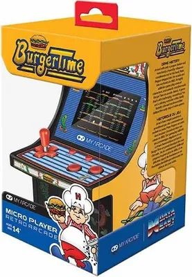The image shows the retail packaging of a Burger Time Micro Player retro arcade game.
