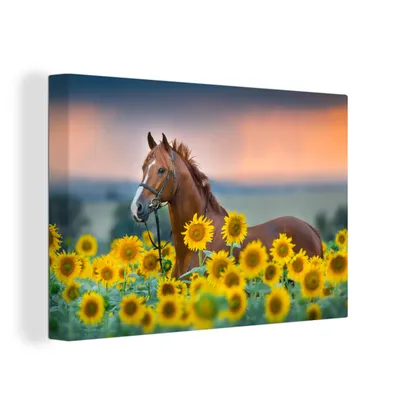 Zdjęcie produktu dla OneMillionCanvasses® - Obrazy na płótnie - 150x100 cm, Koń - Słonecznik - Niebo - Pastel, grafika ścienna, dekoracja ścienna