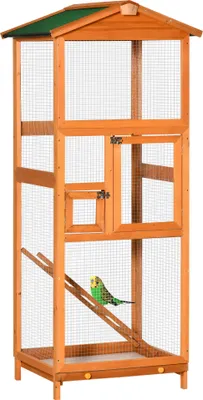Produktbild von PawHut Großer Vogelkäfig 68 x 63 x 165 cm, Vogelhaus aus Tannenholz mit 2 Türen, abnehmbarem Tablett und Dach aus Asphaltholz