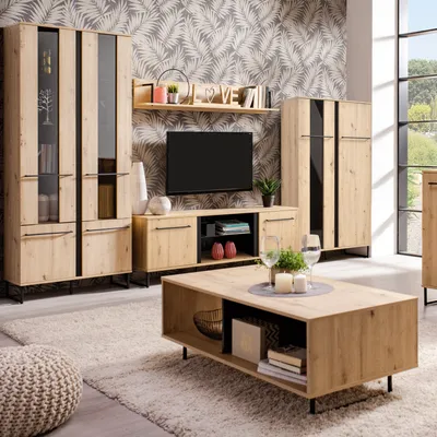 Produktbild von Homestyle4u Wohnwand Eiche Schrankwand Schwarz Anbauwand Wohnzimmermöbel