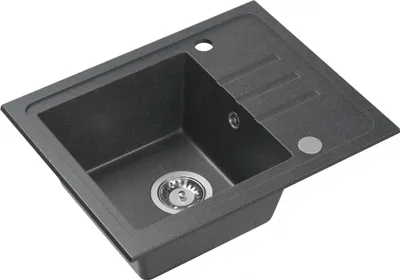 A dark gray granite kitchen sink with a drainer and a single basin, shown from a slightly elevated angle against a white background.