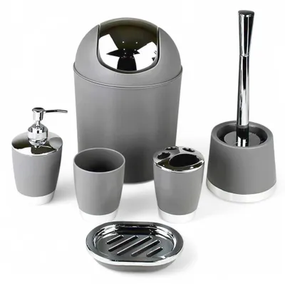 Produktbild von 6tlg Badset Badezimmer Zubehör Set Organizer: (Grau Design 1) Seifenspender, Zahnputzbecher, Kosmetikeimer, WC Bürste, Seifenschale, Mülleimer