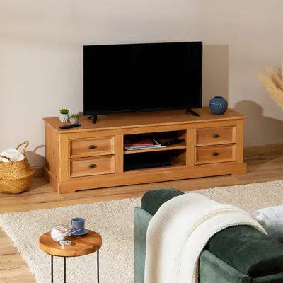 Produktbild von TV-Lowboard KENT, schöner Fernsehschrank aus Kiefer massiv gebeizt/gewachst, praktisches Hifi-Möbel mit 4 Schubladen, attraktives Sideboard mit zwei Nischen