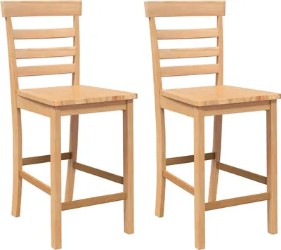 Two wooden bar stools are shown against a white background.