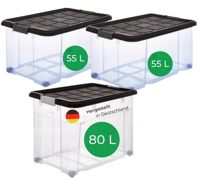 Produktbild von Novaliv 3 tlg Sparset Aufbewahrungsboxen mit Deckel Anthrazit 1x80 L + 2x 55L Nestbar stapelbar Clipverschluss Rollboxen BPA-frei