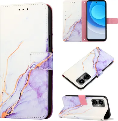 Produktbild von Tecno Camon 19 Hülle, Marmor Motiv Kunstleder Tasche Wallet Kartenfächer mit Standfunktion Klapp Schutzhülle für Tecno Camon 19 Weiß Lila