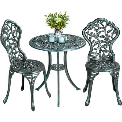 A bistro set with two chairs and a table, decorated with floral patterns.