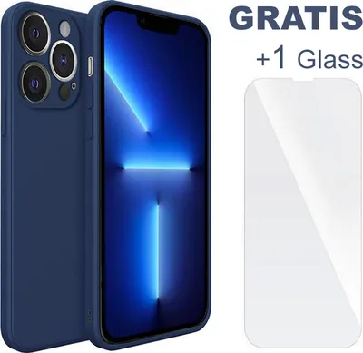 A blue phone case and screen protector are displayed next to a smartphone.