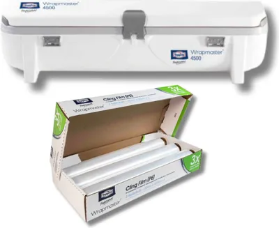 A product shot showing a cling film dispenser and a box of cling film refills.