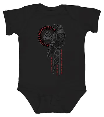 Productafbeelding van Vikings, Rabe, Valknut, Runen, Odin, Wotansknoten, Noordse mythologie, Walhalla, Asgard, babyromper, zwart, maat 6/12