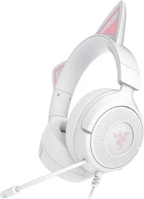 A white Razer Kraken Kitty V3 X headset with pink accents and cat ears, shown from a diagonal angle against a white background.