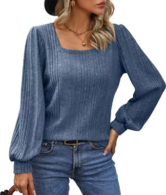 Image de ASKSA Femme T-shirt manches longues col carré Casual Elegant T-Shirts Basic Unicolore Blouse Hauts, Bleu, L