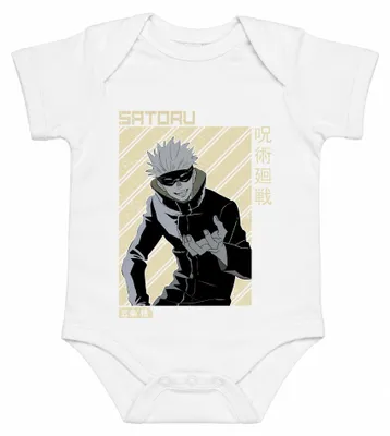 Imagen del producto de Body para bebé, blanco, con diseño de Satoru Gojo de Jujutsu Kaisen, ideal como regalo para fans del anime, el manga o la serie. Talla: 0/3 meses