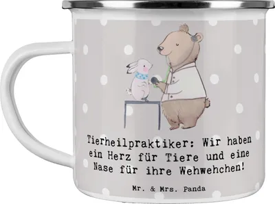 Produktbild von Mr. & Mrs. Panda Kaffeepott Tierheilpraktiker Herz - Grau Pastell - Geschenk, Berufspassion, Akupunktur Tiere, Reisebecher, Tiergesundheit, Pott, Emaille Tasse, Teetasse