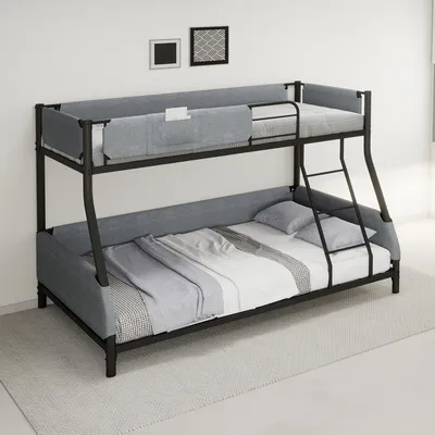 Obrázek produktu pro Dvoupatrová postel 90x190/140x190 cm z kovu s odnímatelnou látkovou kapsou, polstrovaným zábradlím a žebříkem, černá barva