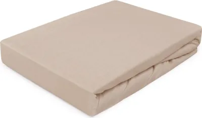 A folded beige fitted sheet is shown on a white background.