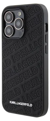 A black Karl Lagerfeld phone case with a repeating logo pattern.
