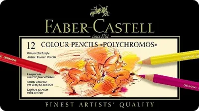 Produktbild von Künstlerfarbstift Polychromos farbig sortiert im Metalletui 12 Stück Packung mit 3 Stück