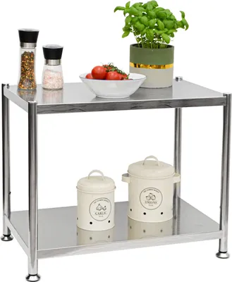 A two-tier stainless steel shelf unit with kitchen items on it.