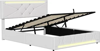 Produktbild von UnboxG Gasdruckbett 140×190 cm Beige – Stoffbett mit LED-Lichtleisten, USB-Ladeanschluss & Großem Stauraum, Modernes Polsterbett