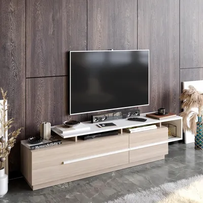 Produktbild von Skye Decor, Moderner TV-Ständer in Cordoba und Weiß, 180 x 46,4 x 38,9 cm | 100% melaminbeschichtete Spanplatte, 18 mm dick | Wandmontage möglich, zahlreiche Regale.