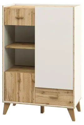 Produktbild von Highboard Skandi Vitrinenschrank 81x40x132cm weiß / Eiche Wotan 2-türig