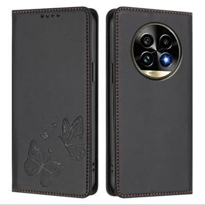 Produktbild von Lederhülle für Realme 13 Pro /Realme 13 Pro+ 5G, Schmetterling Prägung Leder Brieftasche Schutzhülle mit Ständer Schwarz