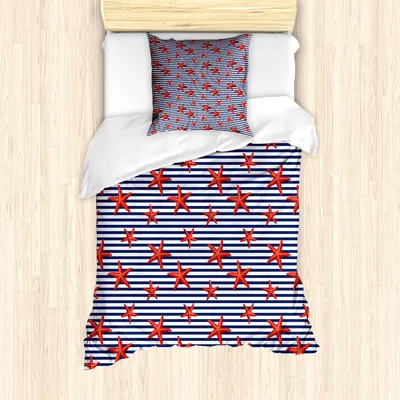 Produktbild von ABAKUHAUS Seestern Mantele, Maritime Themed Muster, Milbensicher Allergiker geeignet mit Kissenbezügen, 135 cm x 200 cm - 80 x 80 cm, Navy Weiß Rot