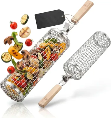 Produktbild von 𝗛𝗔𝗩𝗘𝗡𝗛𝗔𝗨𝗦 Grillkorb Edelstahl Set I 2X Grillkörbe mit abnehmbarem Holzgriff zum Grillen von Gemüse & Fisch I Grillkorb Gemüse
