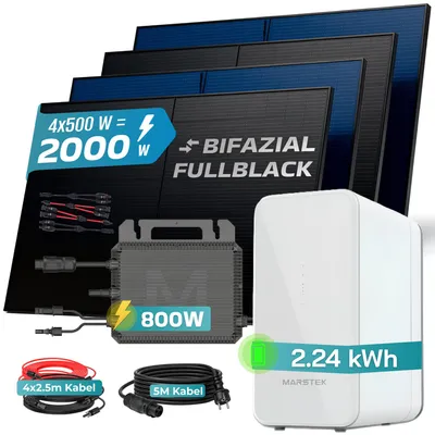 Produktbild von SUNNIVA® 2000W Balkonkraftwerk mit 2,24 kWh Speicher MARSTEK B2500-D, 4x 500W BIFAZIAL FULLBLACK komplett Steckdose, PV Solaranlage + Solarspeicher