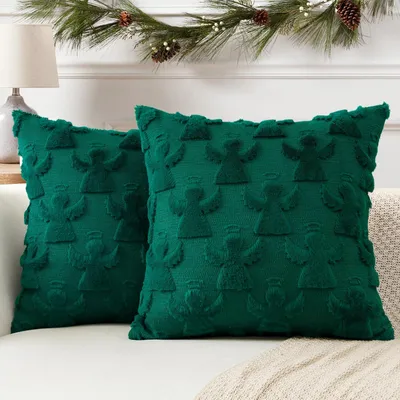 Produktbild von Set mit 2 Kissenbezügen aus weicher Wolle, kurzem Samt, dekorative Kissenbezüge für Sofa und Schlafzimmer, Weihnachtskissenbezug, Engelsgrün, 40 x 40 cm
