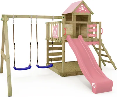 A wooden playground set with a slide, swings, and a small playhouse, set against a white background.