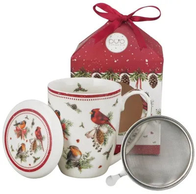 Zdjęcie produktu dla Porcelanowa filiżanka z zaparzaczem do herbaty, motyw "Ptaki Zimy"