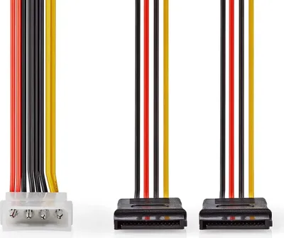 Obrázek produktu pro Vnitřní napájecí kabel | Molex Muž | 2x SATA 15pinová samice | Pozlaceno | 0,15 m | Kulatý | PVC | Vícebarevné | Box