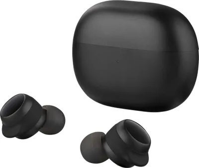 A black charging case and two black wireless earbuds are displayed against a white background.