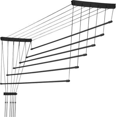 A black ceiling clothes dryer with multiple lines.