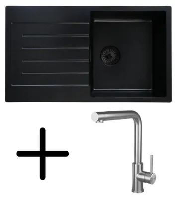 Caressi CAQPP770R10BK-EB Spüle, Einbau mit Küchenarmatur CABL003IU. Schwarz. Gesamtansicht