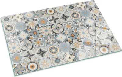 Produktbild von Mosaikmuster in Fliesen – Glasbodenplatte für – Kaminofen – Kaminplatte Glas – Schutzglas – Funkenschutzplatte –Glasbodenplatte Feuerfeste – Hitzeschutzplatte – Bodenschutz aus Glas – 100x70 cm