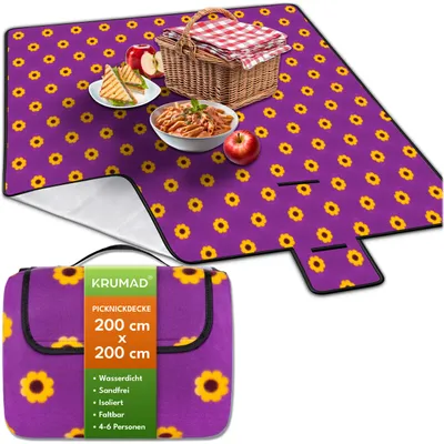 Immagine prodotto di KRUMAD Coperta da picnic 200x200 cm, coperta isolante e impermeabile XXL, coperta outdoor in pile pieghevole con maniglia per il trasporto, coperta da spiaggia a tre strati, viola