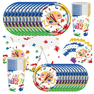 Image de 61 pièces de vaisselle de fête pour enfants, décorées de motifs aquarelle et de dessins ludiques