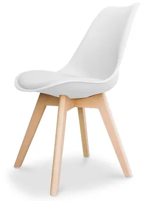 Produktbild von Skandinavischer Esszimmerstuhl in Weiss – Kunstlederoptik, Holzbeine, modernes Design, bequemer Küchenstuhl