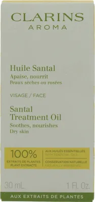 A product box for Clarins Aroma Face Santal Treatment Oil.