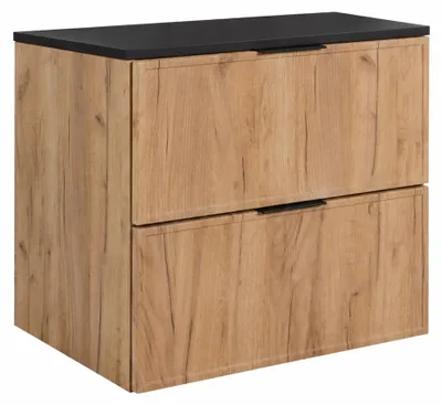 Produktbild von Badezimmerschrank hängend 60 mit Schubladen, Korpus in Eiche Craft + Platte in Schwarz, mit Griffen, 60 x 46 x 58,6 cm, KI-generiertes Bild